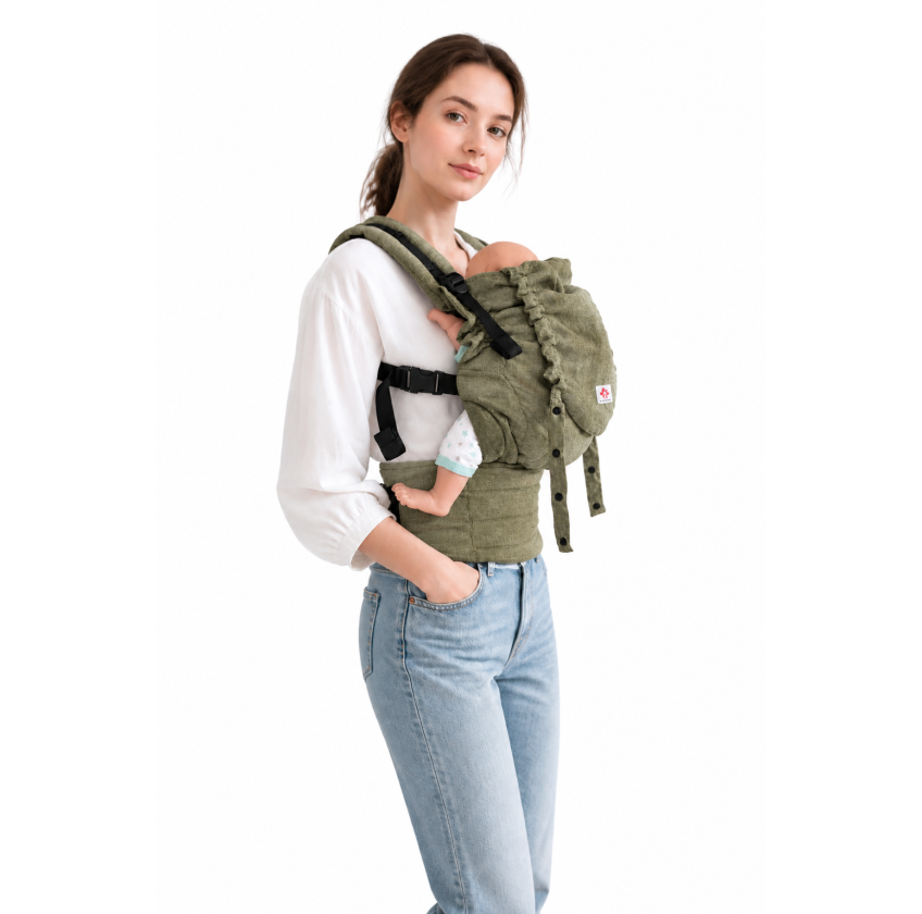 Mochila Ergonómica Minimahue Tirante en X Lino 100% color olivo (0-24M)