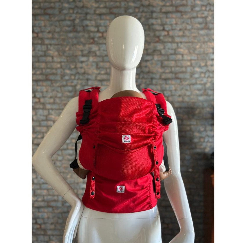 Mochila Ergonómica Minimahue Tirante en X Sarga de Algodón Rojo con Mesh Central Rojo (0-24M)